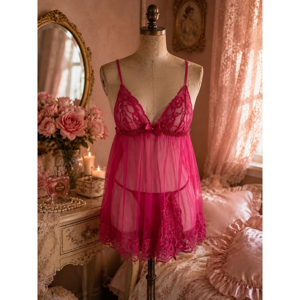 FREDERICK'S OF HOLLYWOOD Vintage Y2K Pink Sheer Mesh Babydoll Lingerie Set‎